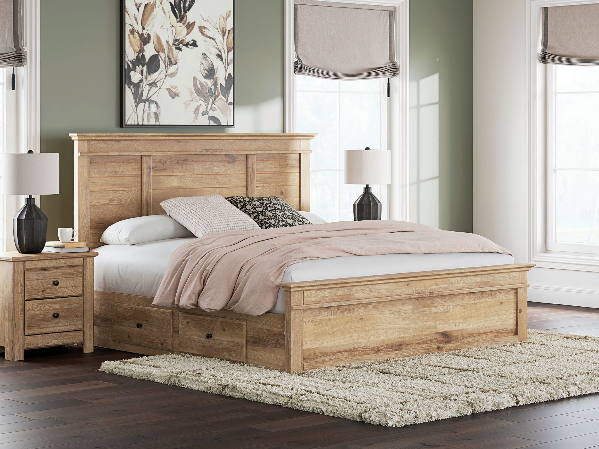Light brown panel storage bed with paneled headboard and side drawers beneath the rail.