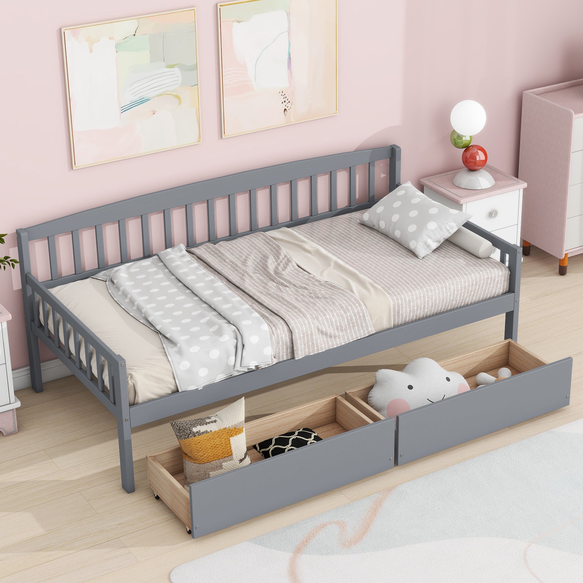 Twin Grey Pine Wood Daybed Sofa Bed with 2 Storage Drawers