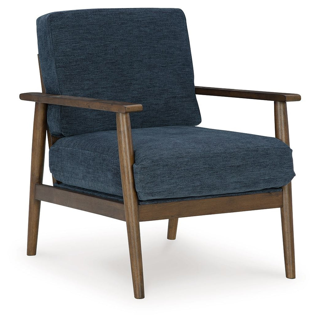 Blue accent chair with upholstered seat and back, dark wood armrests and legs