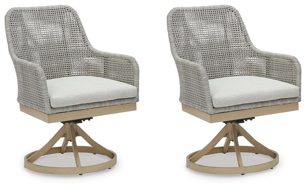 Gray woven swivel patio chairs, set of 2, with white cushions and round bases