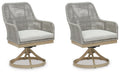 Gray woven swivel patio chairs, set of 2, with white cushions and round bases