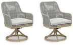 Gray woven swivel patio chairs, set of 2, with white cushions and round bases