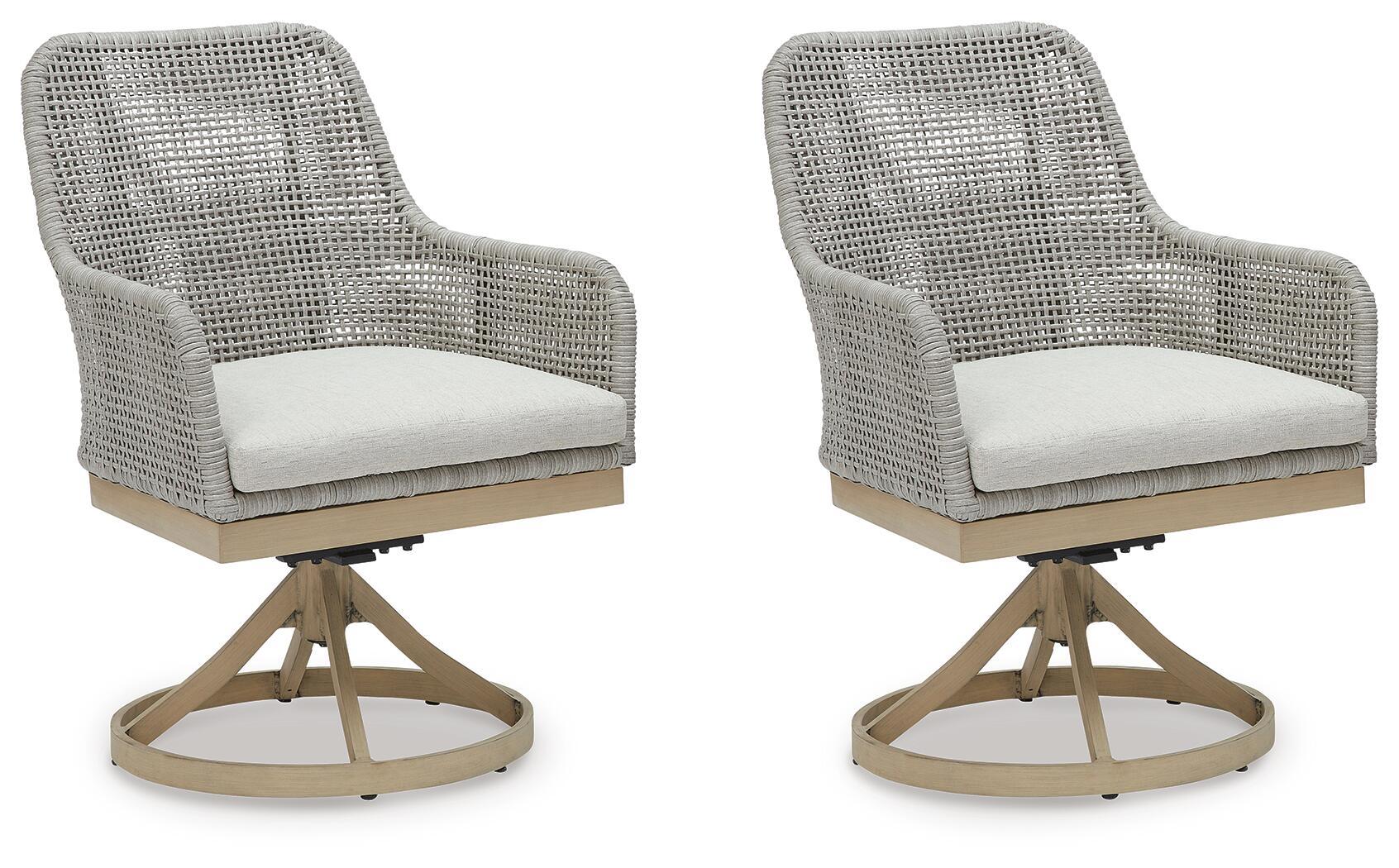 Gray woven swivel patio chairs, set of 2, with white cushions and round bases