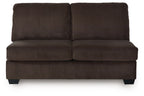 Armless loveseat in dark chocolate brown striped fabric with two back cushions