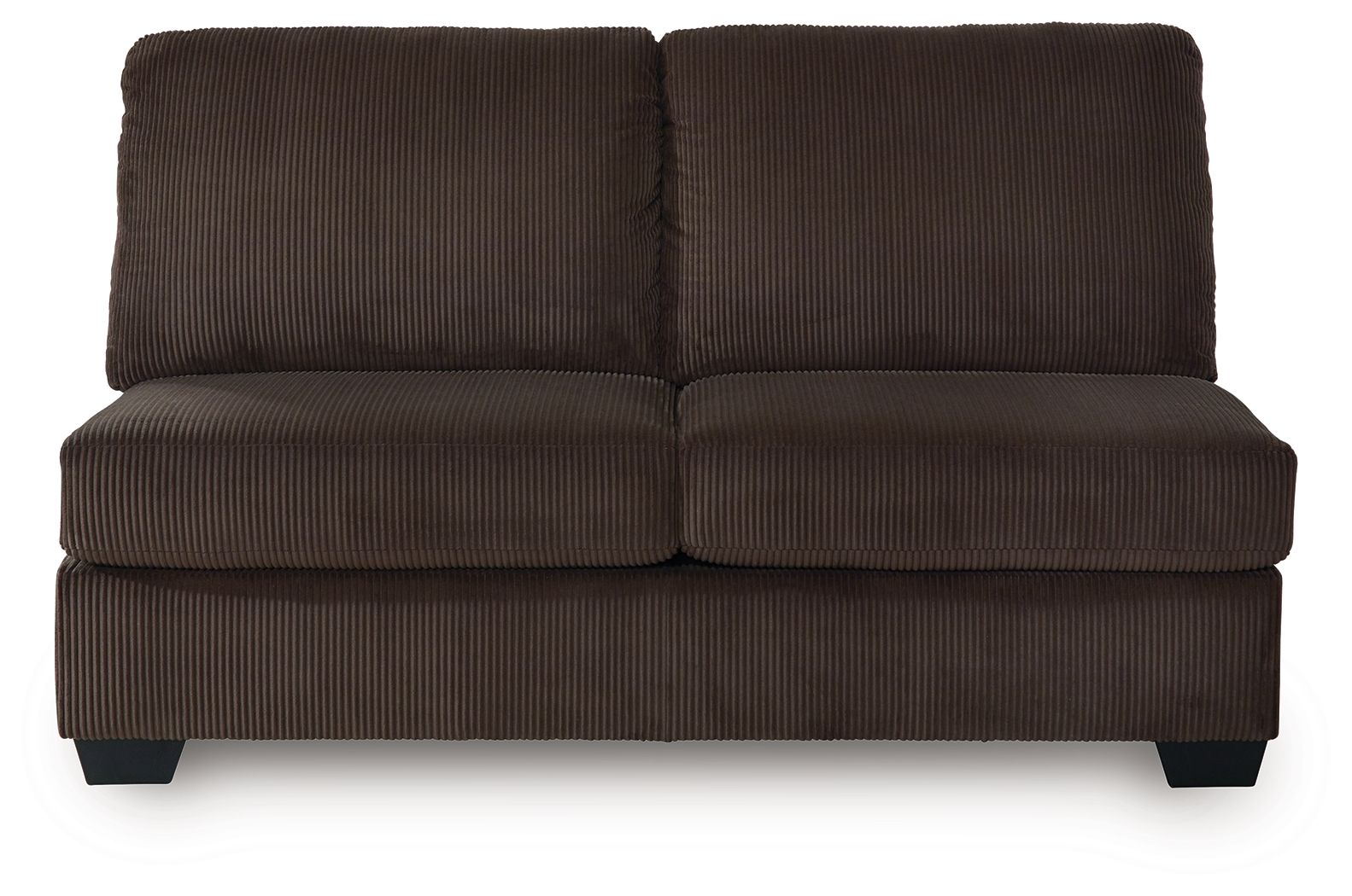 Armless loveseat in dark chocolate brown striped fabric with two back cushions
