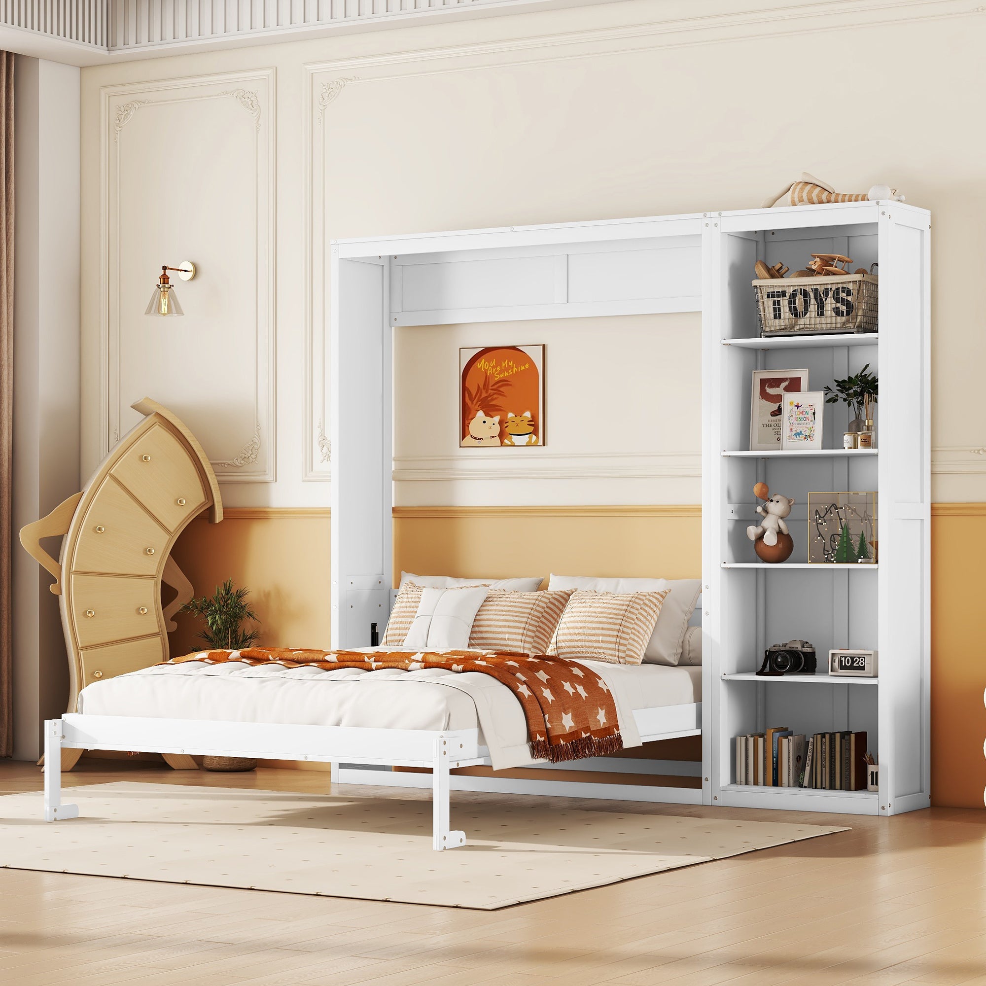 Full Size White Murphy Bed Wall Bed with Shelves