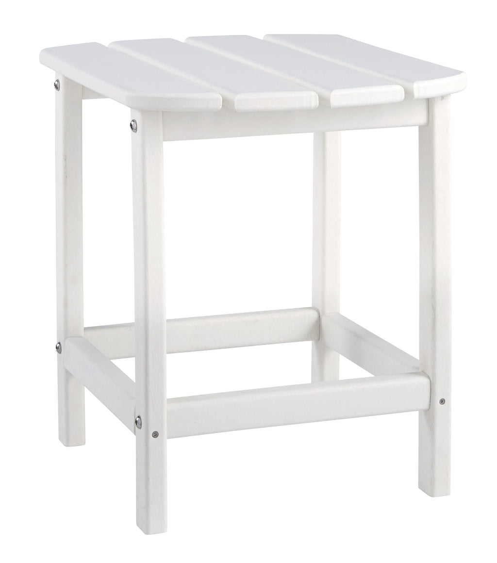 White outdoor end table with slatted tabletop and open lower shelf, side view
