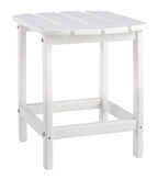 White outdoor end table with slatted tabletop and open lower shelf, side view