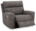 Slate gray recliner with adjustable headrest and padded armrests