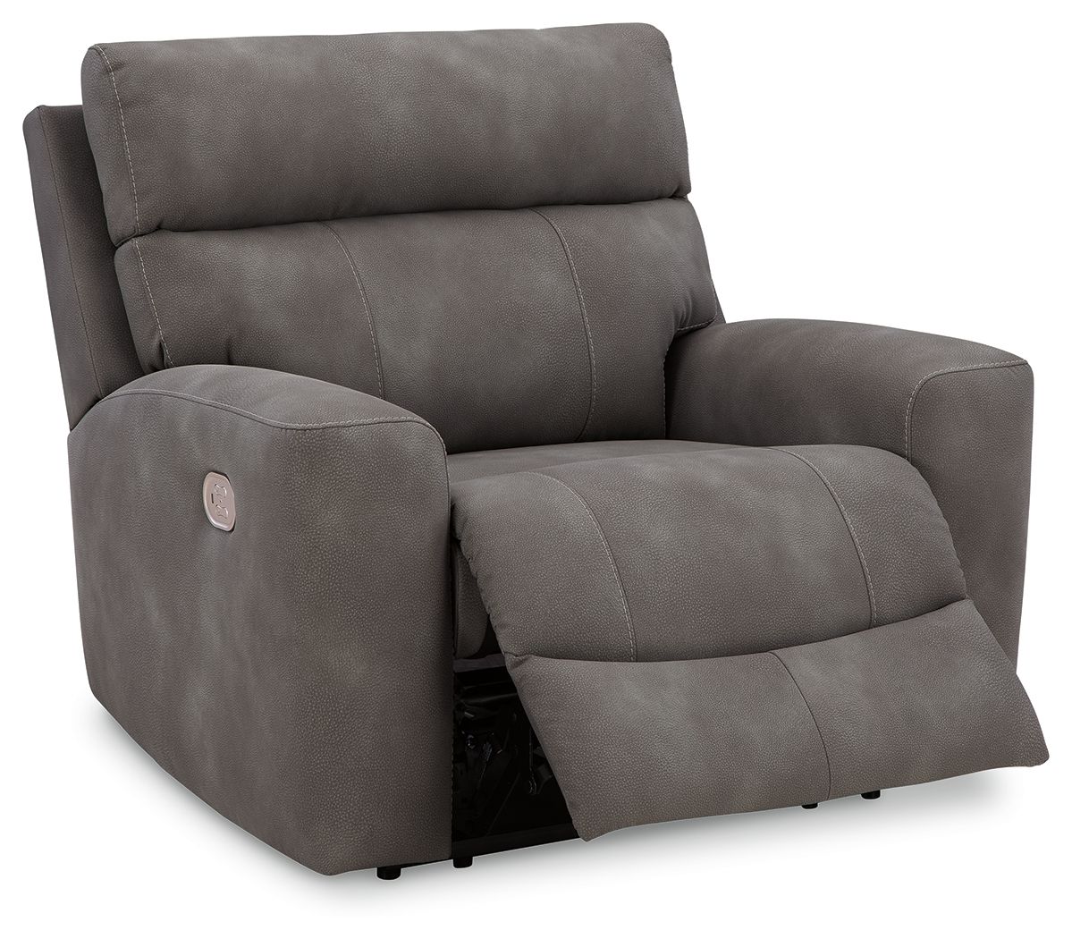 Slate gray recliner with adjustable headrest and padded armrests