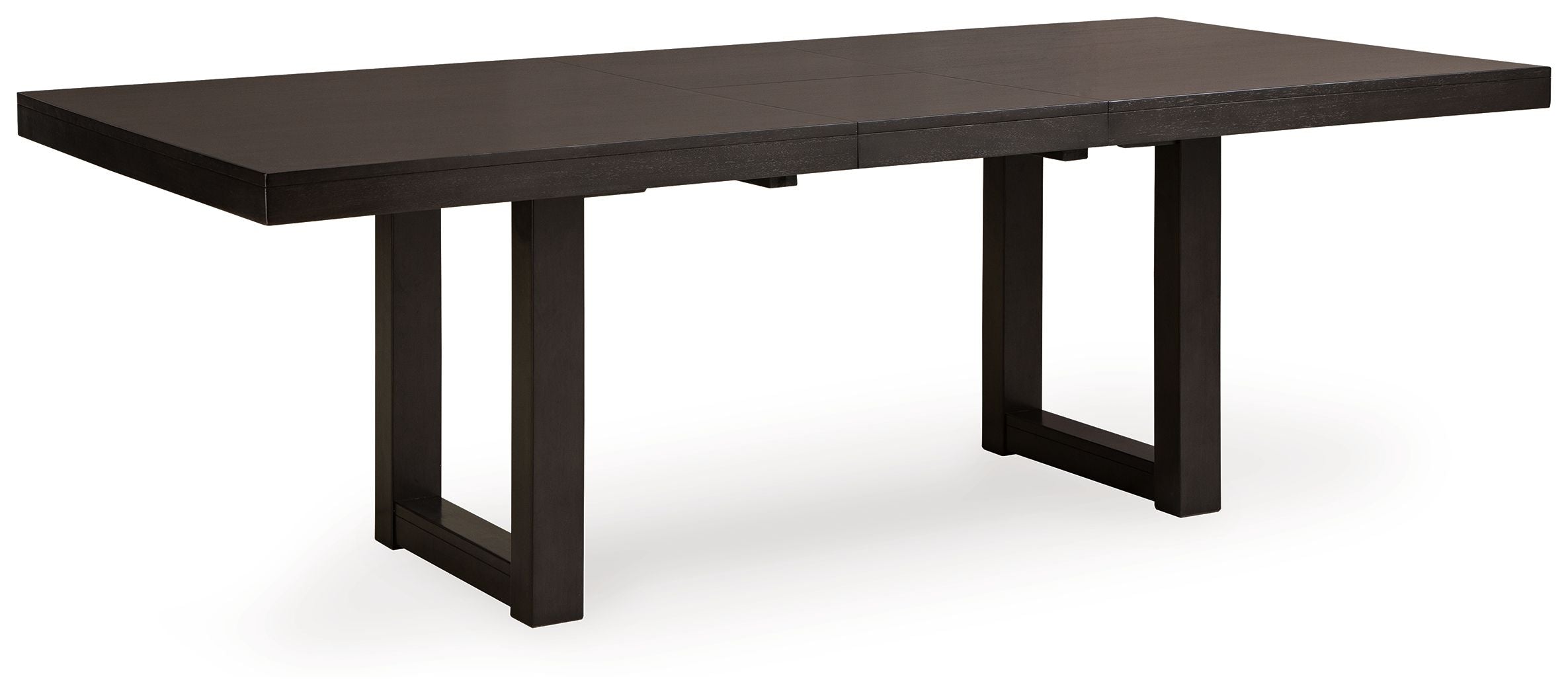 Rectangular dining table with butterfly extension leaf, dark gray-brown finish.