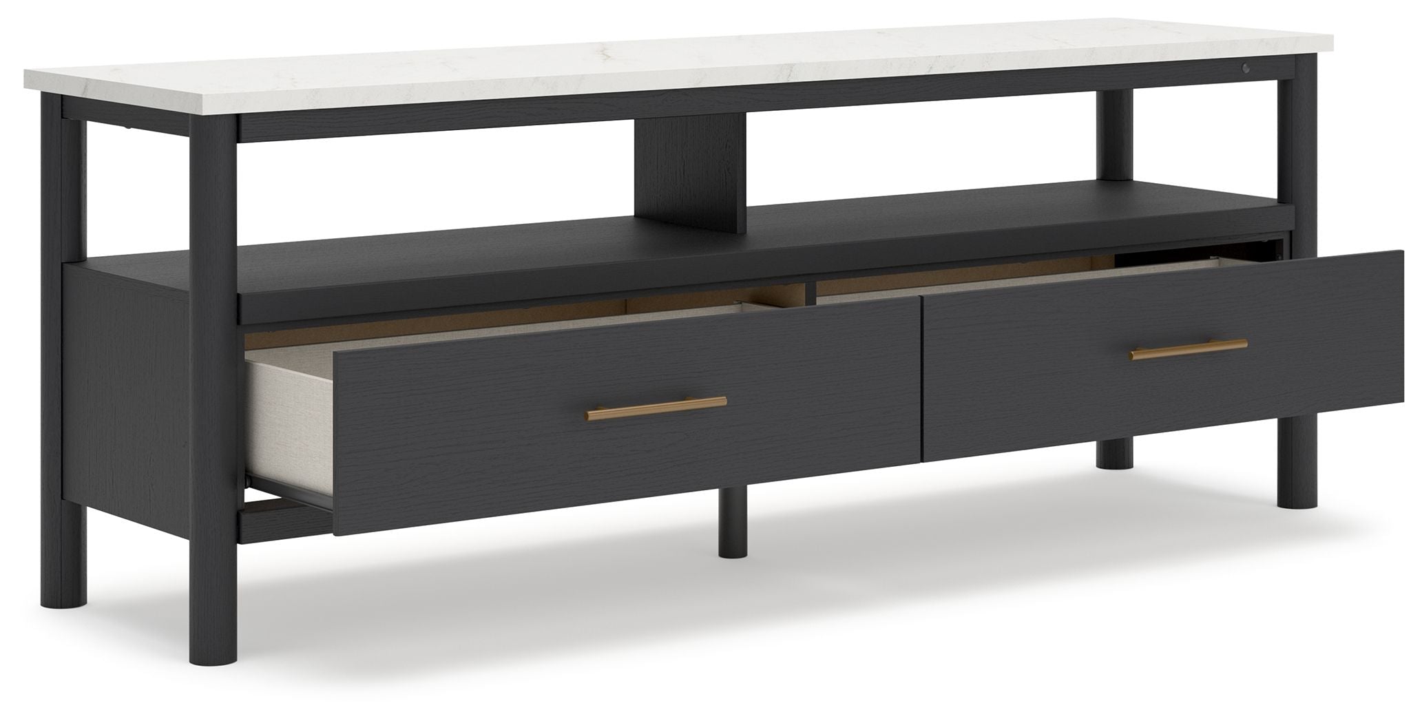 Black TV stand with open shelf and two drawers with brass-tone bar pulls
