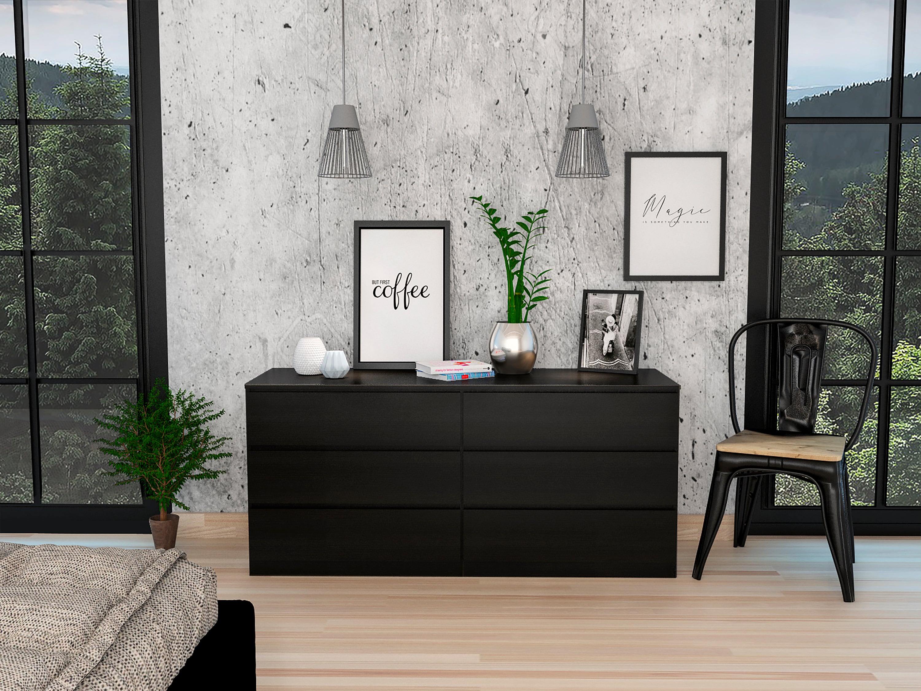 Black 6-Drawer Double Dresser for Bedroom Storage