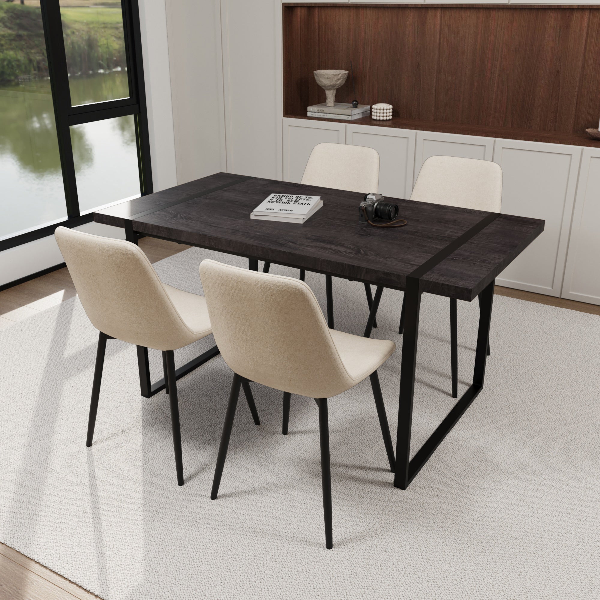 59" Black Dining Table Set w/ 4 Suede Chairs