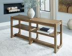 Light brown wooden sofa table with two open shelves and a lower storage shelf