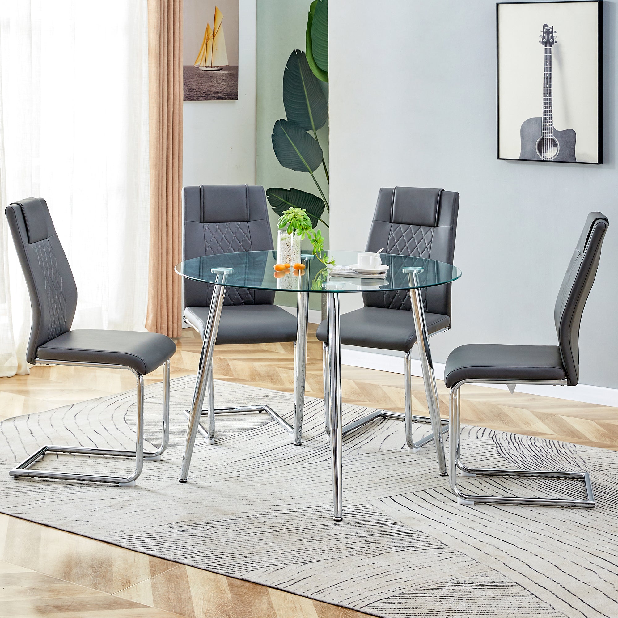 5-Piece Round Dining Table Set w/ Gray Chairs