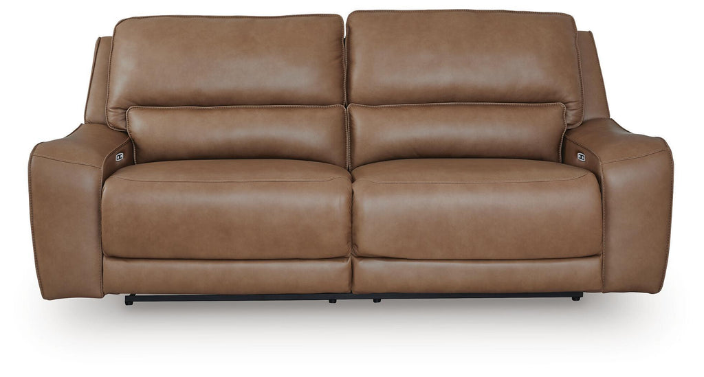 Power reclining sectional sofa in medium brown leather, two-cushion front view