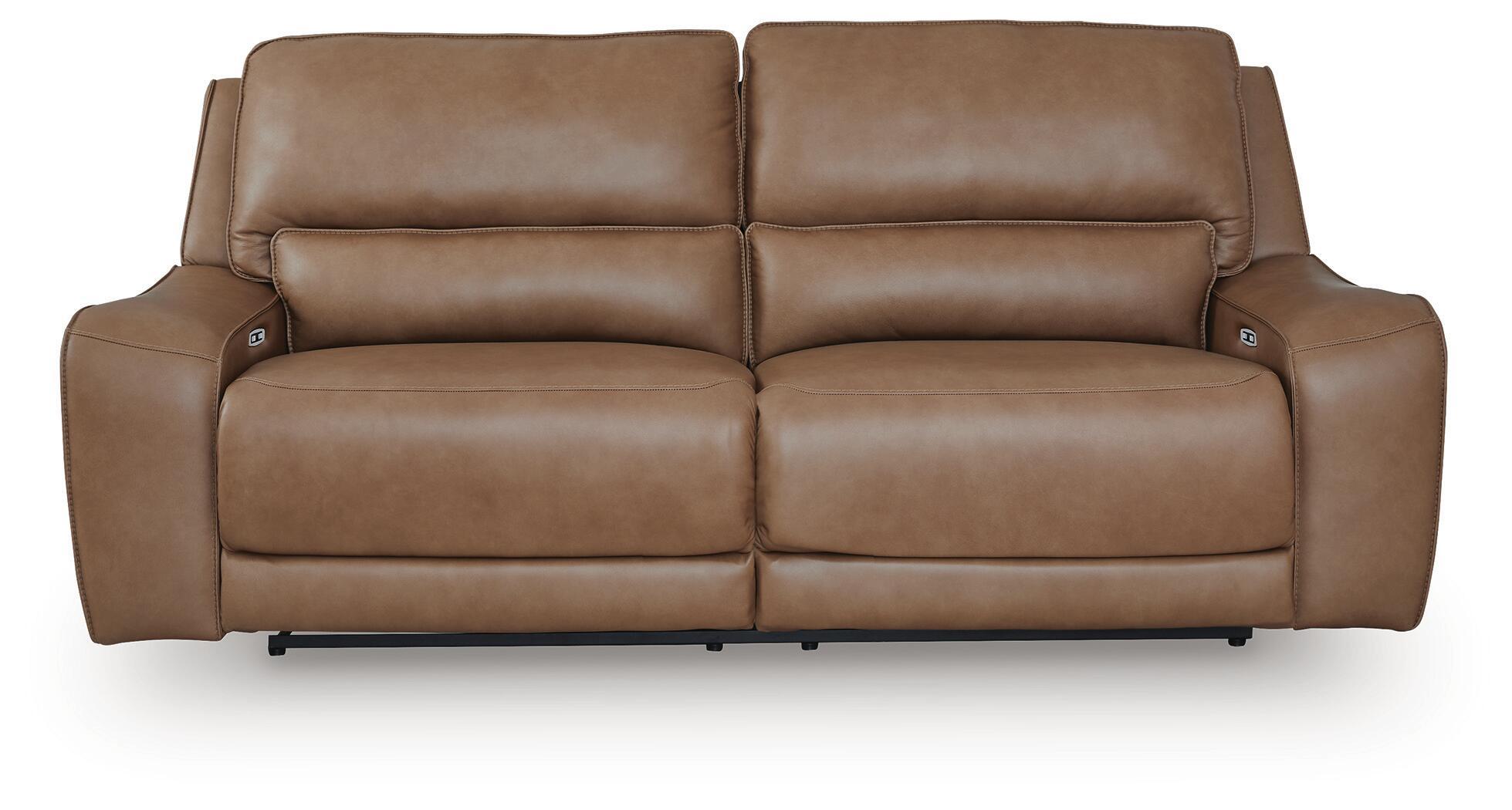Power reclining sectional sofa in medium brown leather, two-cushion front view