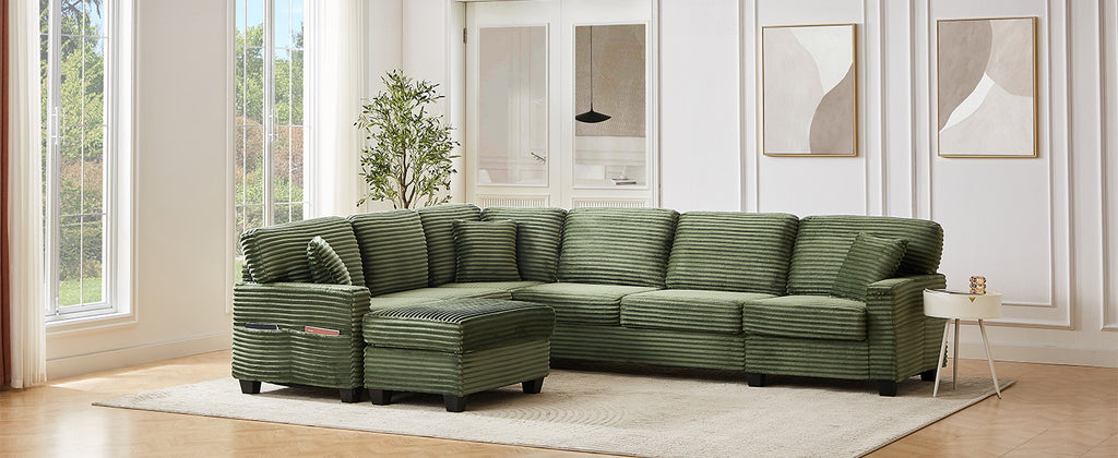 Green corduroy sectional sofa set with matching green ottoman, multiple seat sections