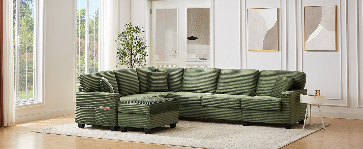 Green corduroy sectional sofa set with matching green ottoman, multiple seat sections