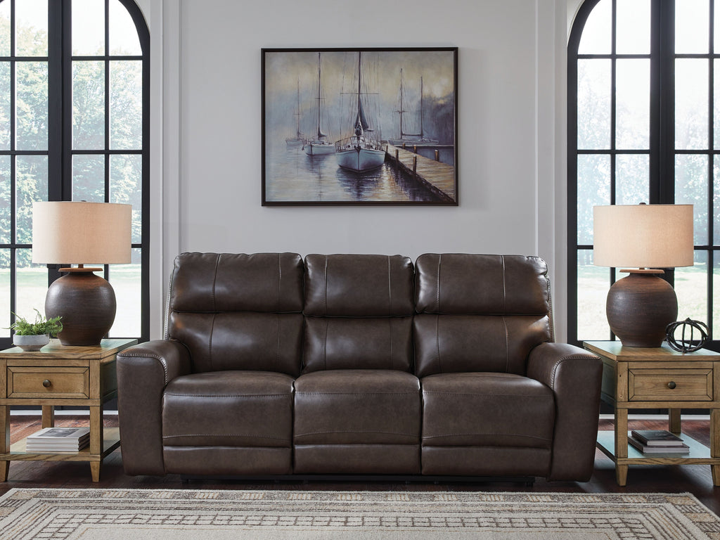 Three-seat dark brown leather power recline sofa with adjustable headrests
