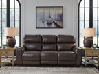 Three-seat dark brown leather power recline sofa with adjustable headrests