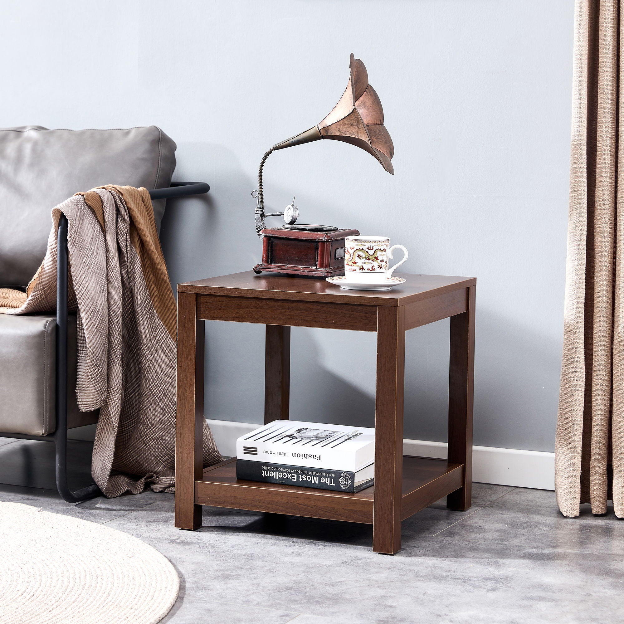 Classic Brown Side Table, 2-Tier Small Space End Table, Modern Night Stand, Sofa Table, Side Table With Storage Shelve