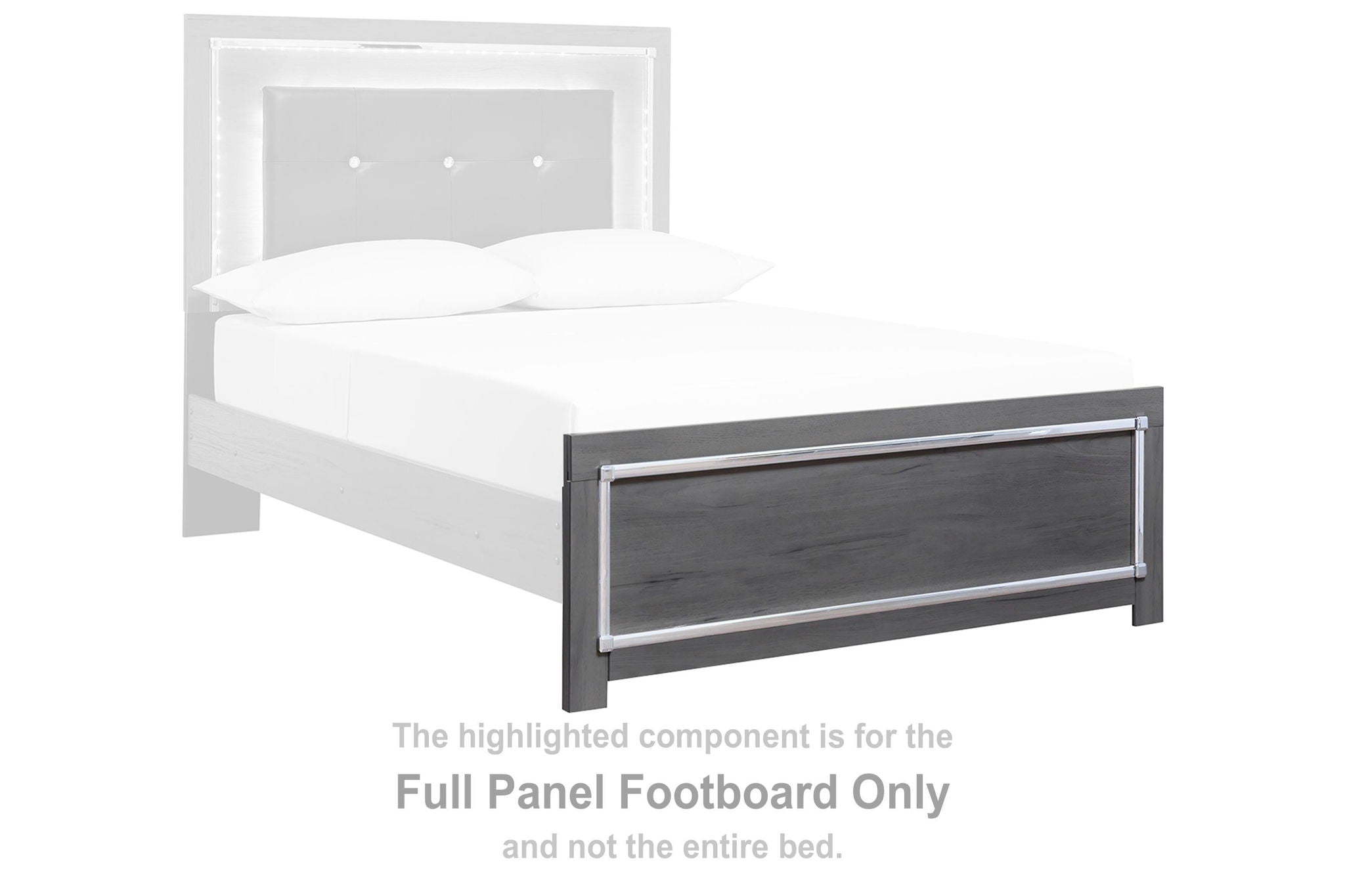 Gray full panel footboard with rectangular front panel and metal rails
