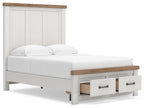 White panel storage bed with under-bed drawers and wood-trim side accents
