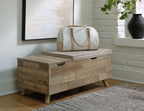 Beige cushion storage bench with open lift top and light wood legs