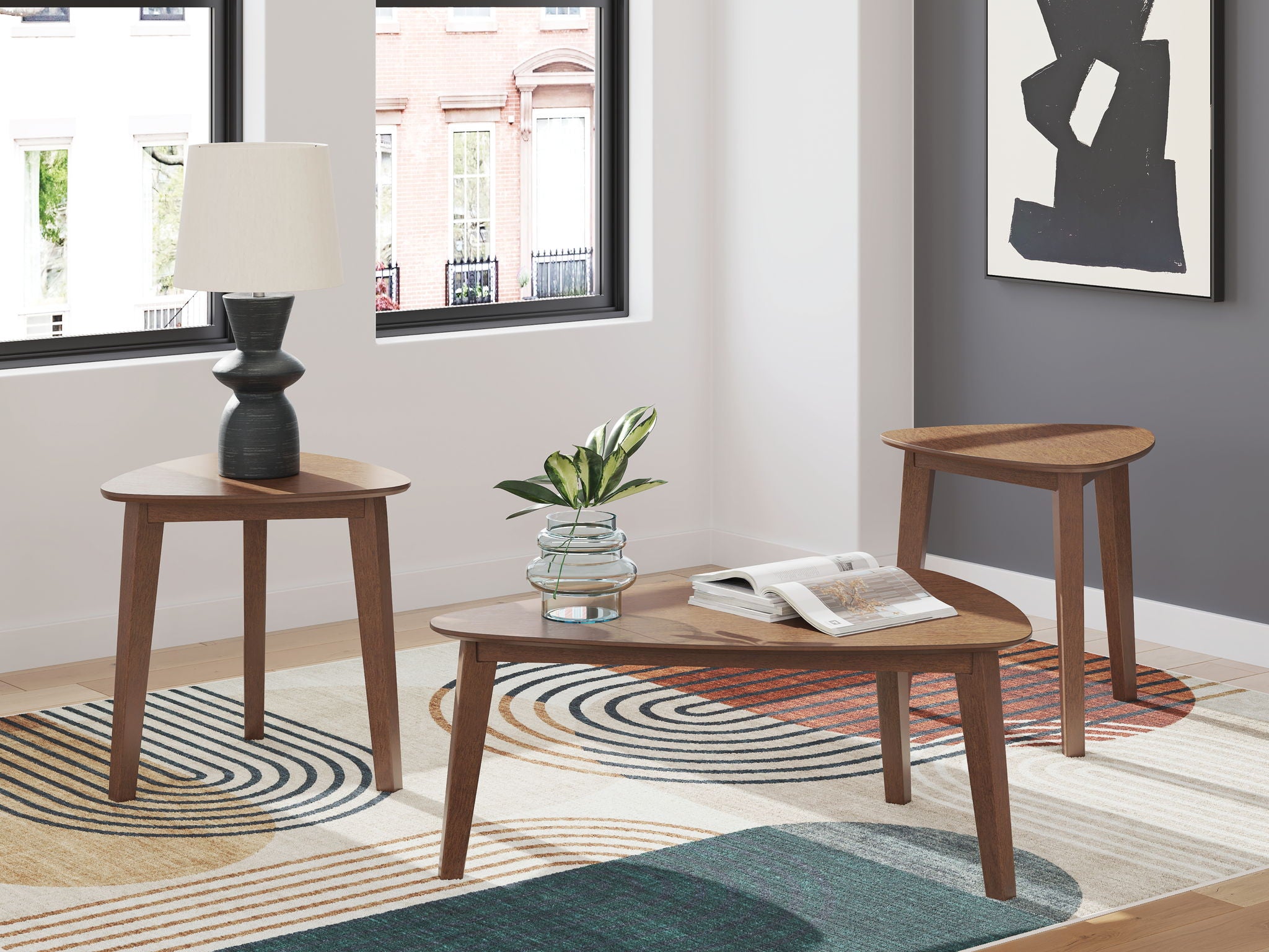 Brown wood occasional table set of three, round tops, tapered legs