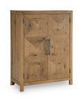 Light brown wooden bar cabinet with two front doors and vertical metal handles