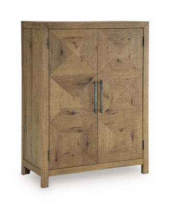 Light brown wooden bar cabinet with two front doors and vertical metal handles