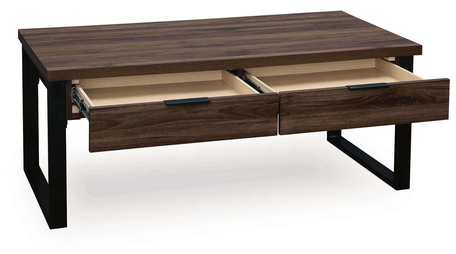 Rectangular dark brown table with two drawer fronts, one open