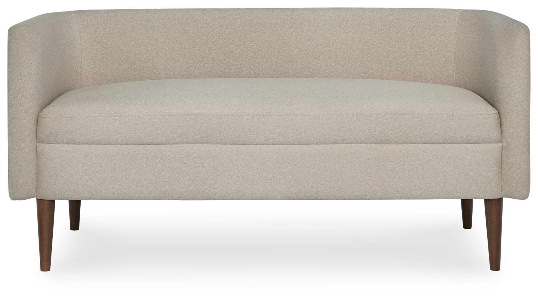 Beige upholstered accent bench with low profile back and two-cushion seat, tapered legs