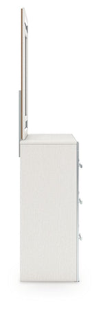 White nightstand with textured top and side hardware, shown from the side