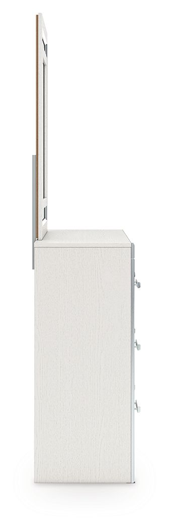 White nightstand with textured top and side hardware, shown from the side