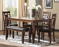 Brown dining table set with rectangular table and dark leather-look benches and chairs