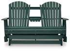 Green wooden loveseat glider facing front, slatted seat and back with armrests
