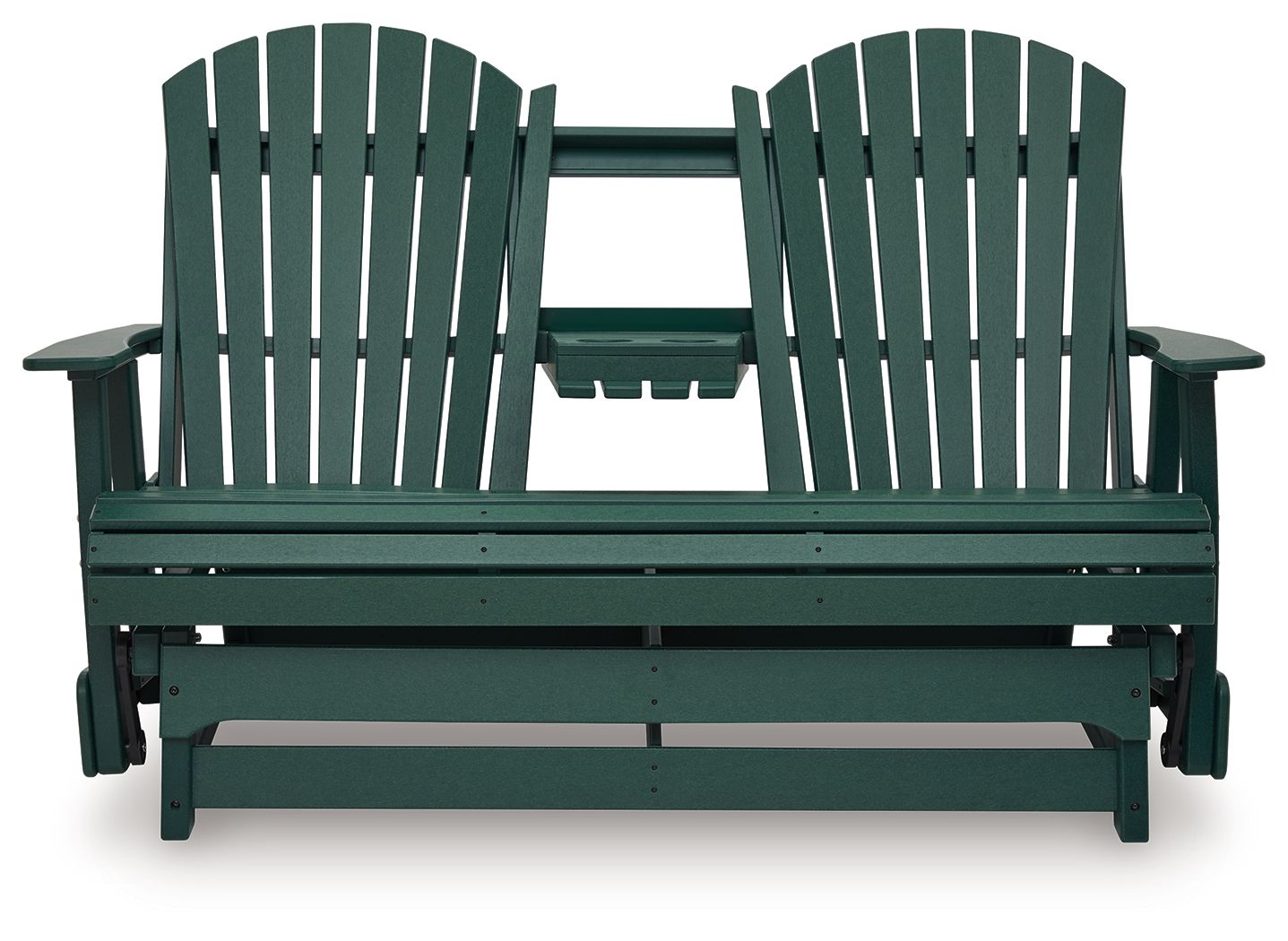 Green wooden loveseat glider facing front, slatted seat and back with armrests