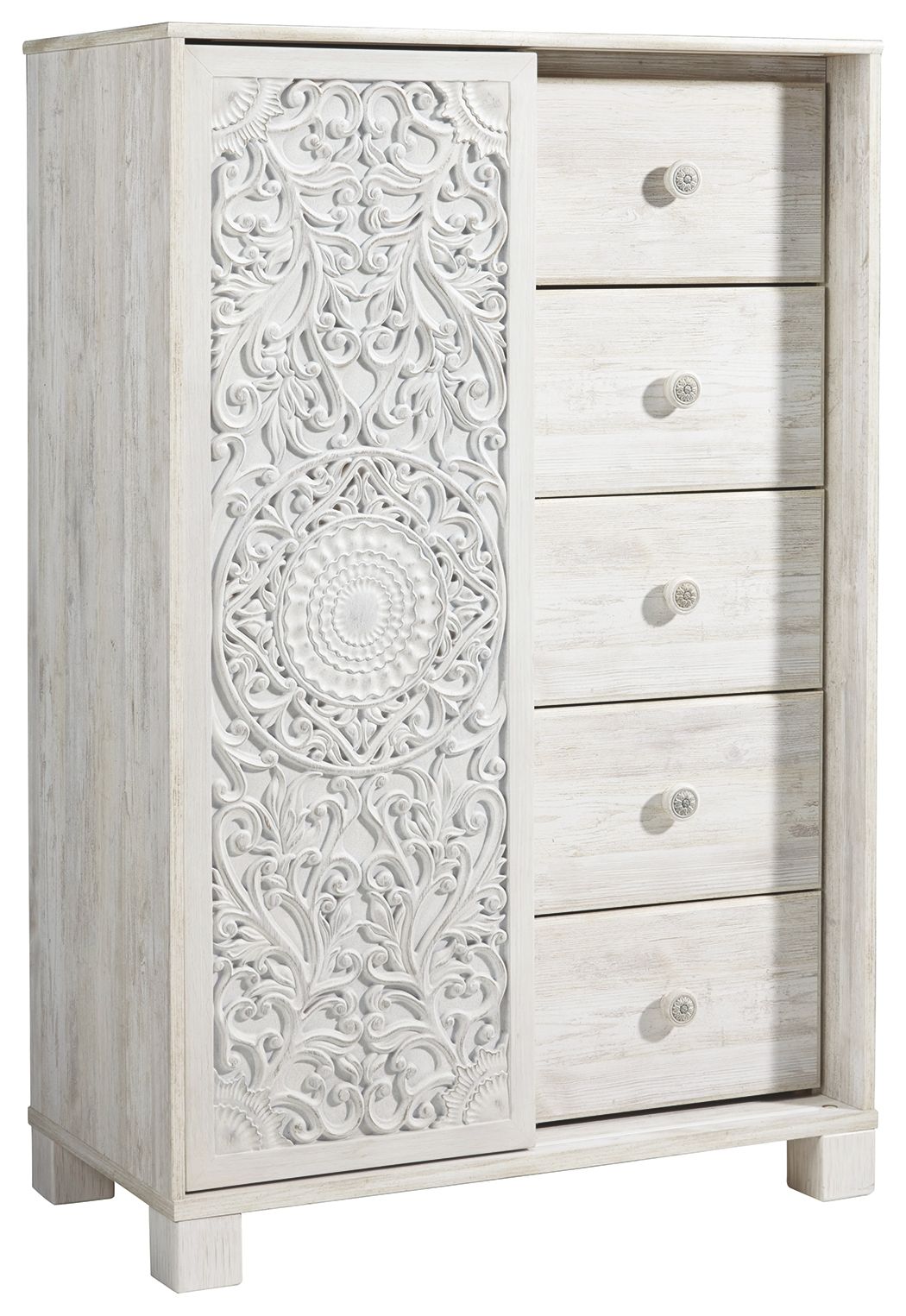 Whitewashed dressing chest with ornate carved panel and four drawers