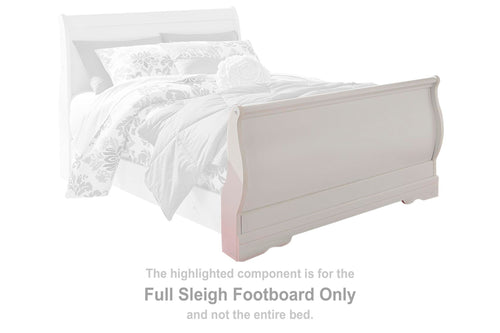 White sleigh-style full-size bed footboard with curved, paneled design