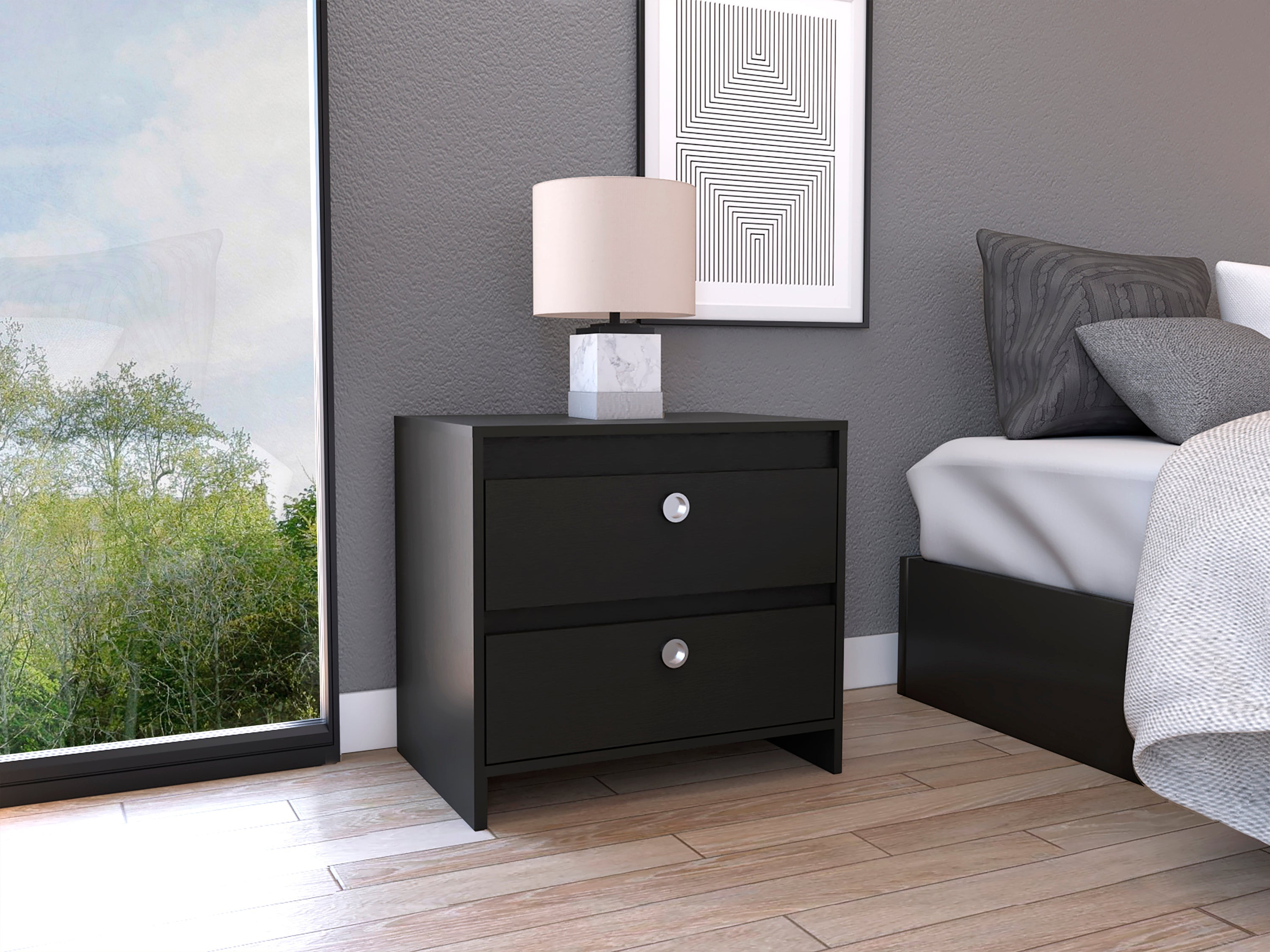 Black Nightstand - 2 Drawers, Stylish End Table