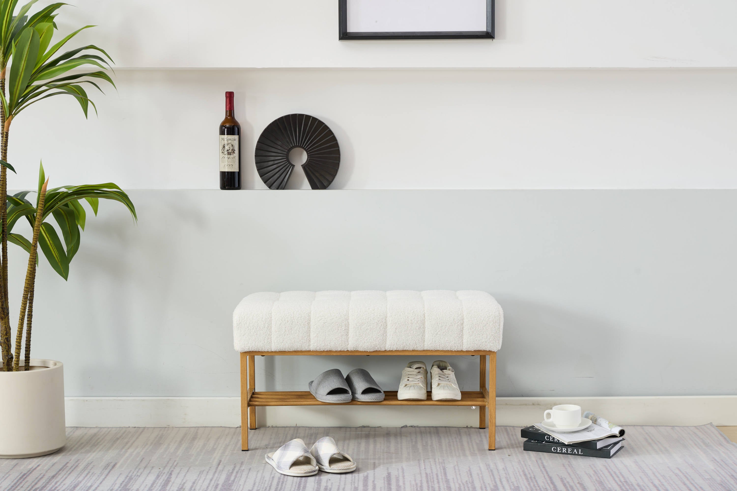Upholstered Storage Bench with Shelf - Linen White