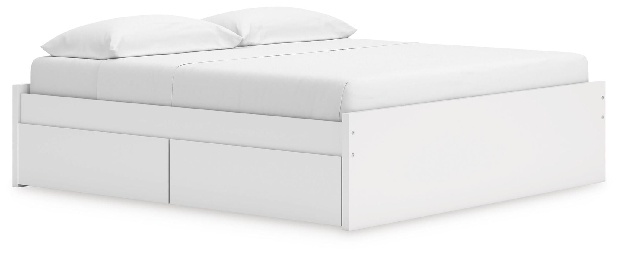 White platform bed with upholstered headboard and two front cabinet drawers