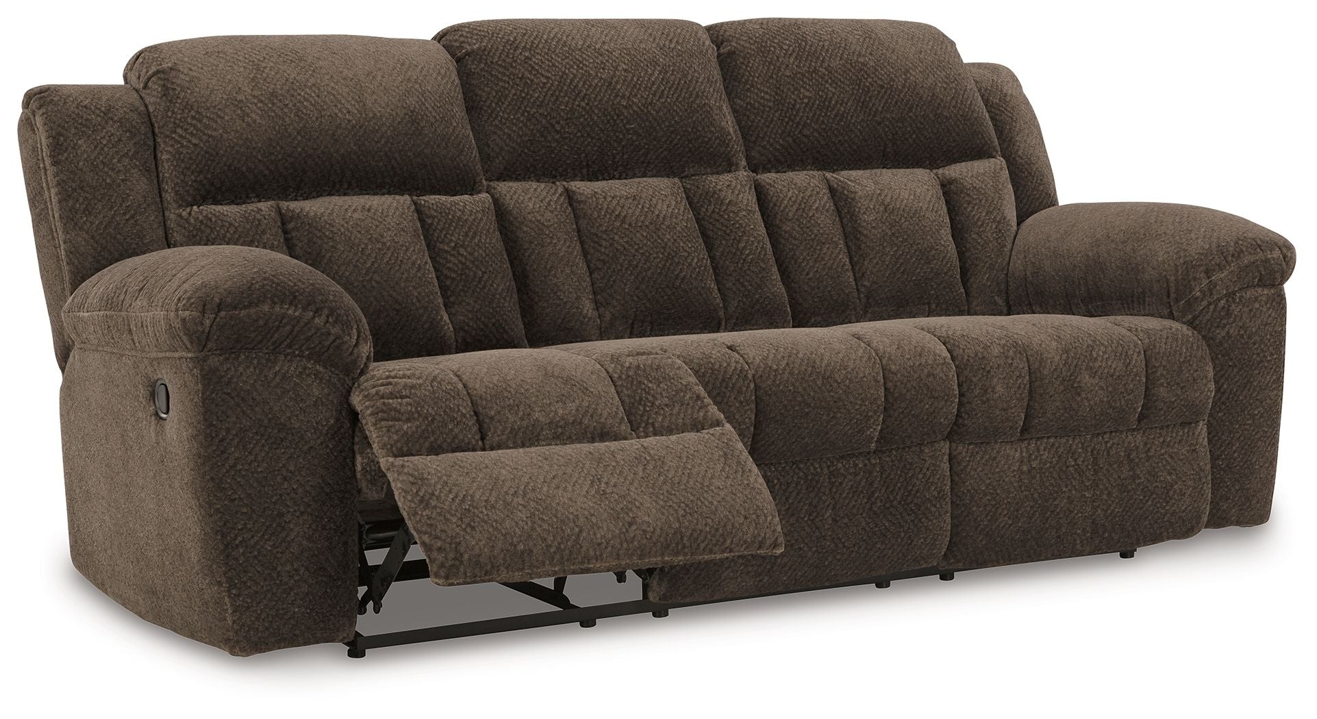 Chocolate brown reclining sofa with tufted seat, rounded arms, and extended footrest