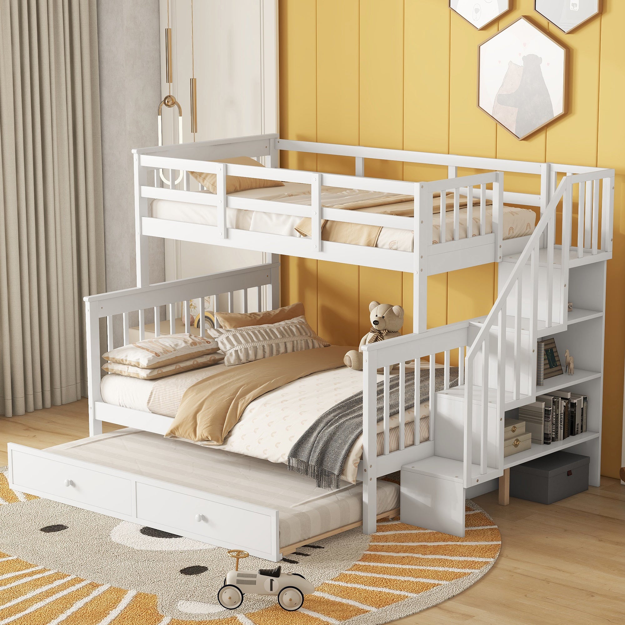 White Twin Full Bunk Bed w/ Trundle & Storage for Adults