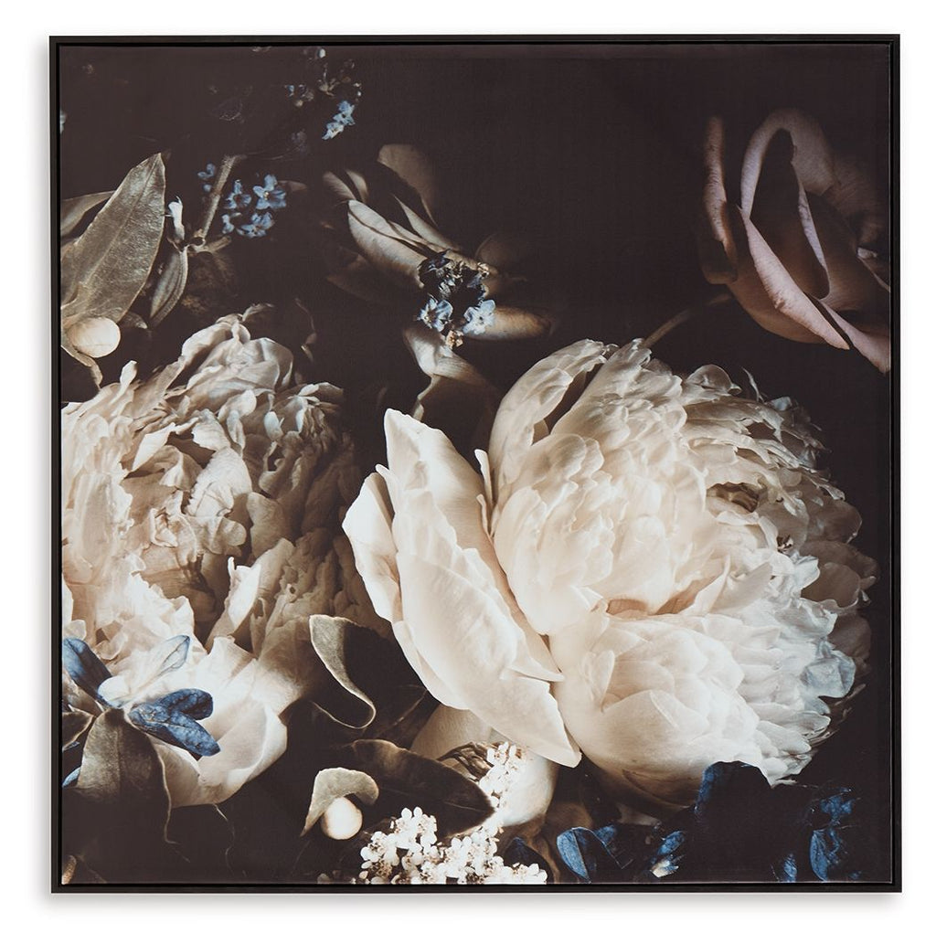 Hurshaw framed wall art with large white rose cluster and blue butterflies