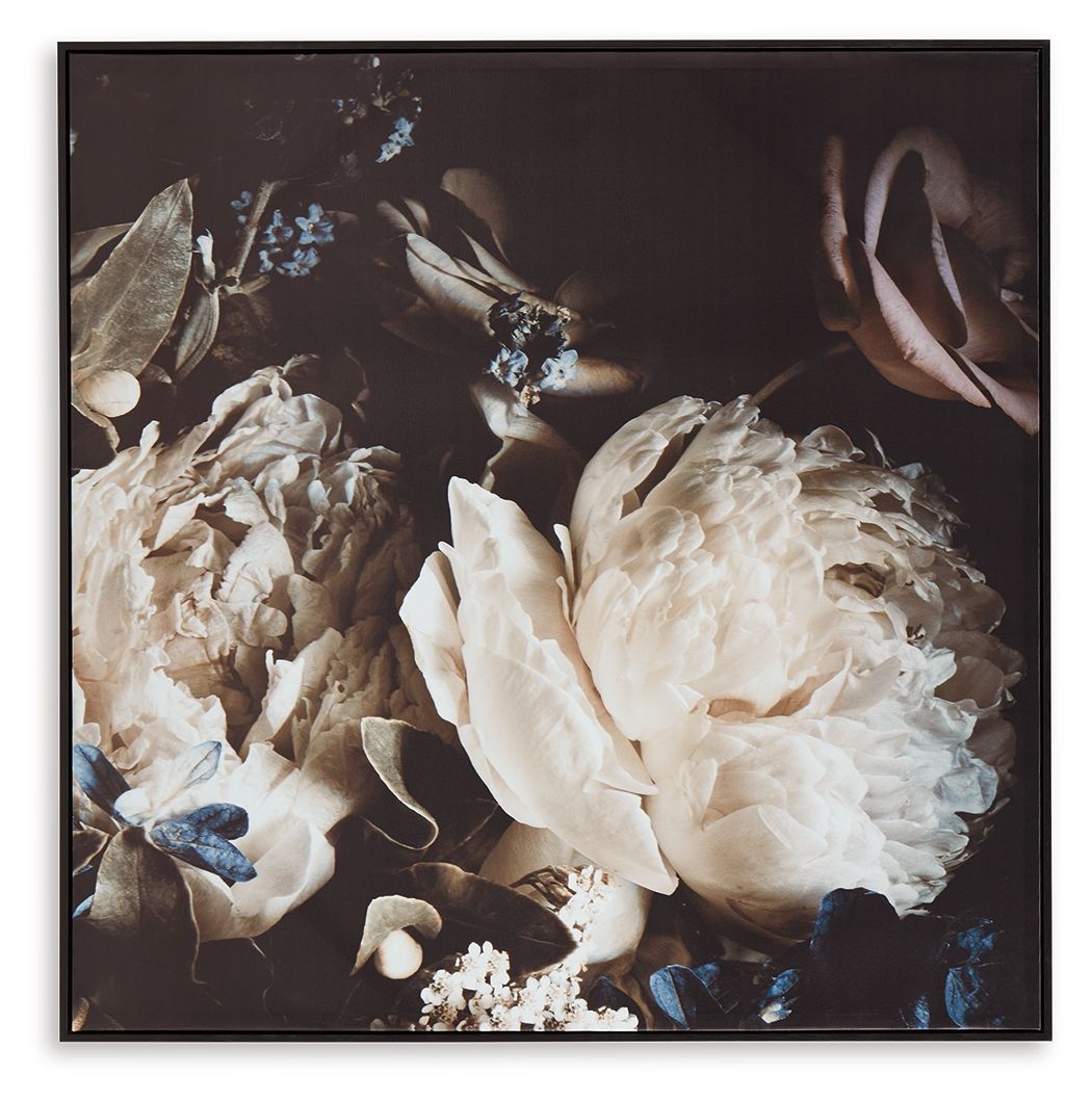 Hurshaw framed wall art with large white rose cluster and blue butterflies