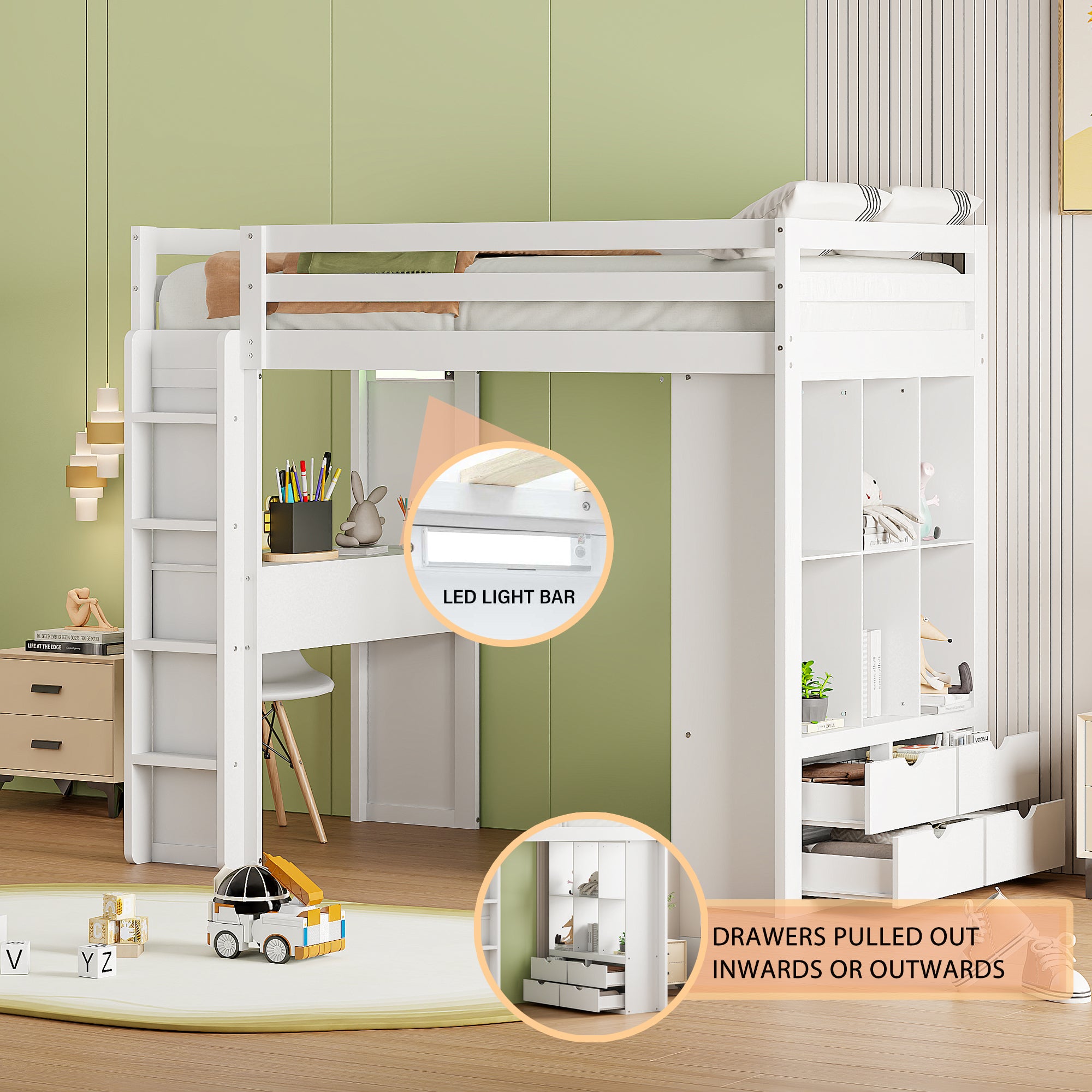 White Twin Loft Bed with Desk, Shelves & LED Light
